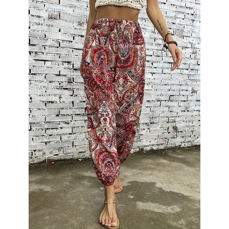 Bedruckte Hose mit Amazon-Ethno-Muster, lange Hose mit böhmischer plissierter Taille, modische, individuelle und bequeme Damenhose