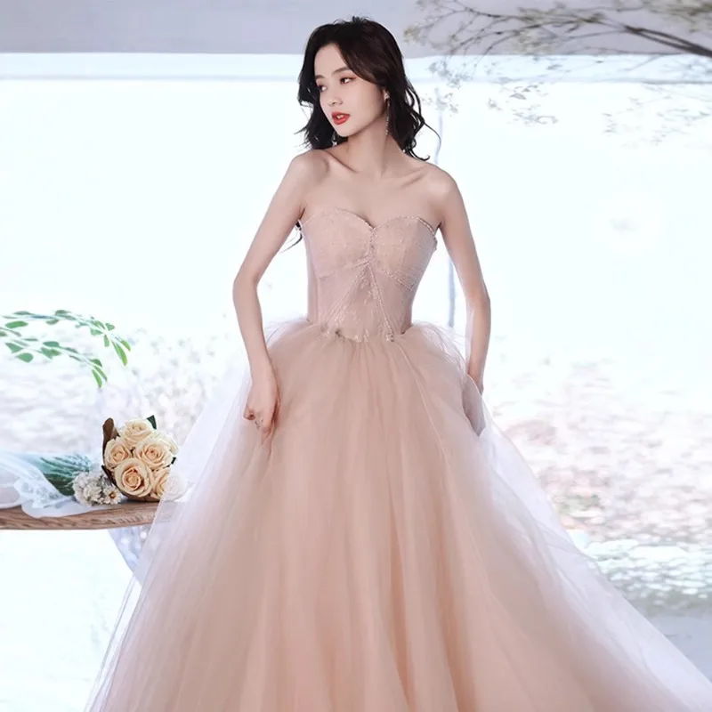 

Elegant Strap Evening Dress 2025 Summer New Women's Pink Banquet Art Exam Host Bareback Dress French Palace Style Dress