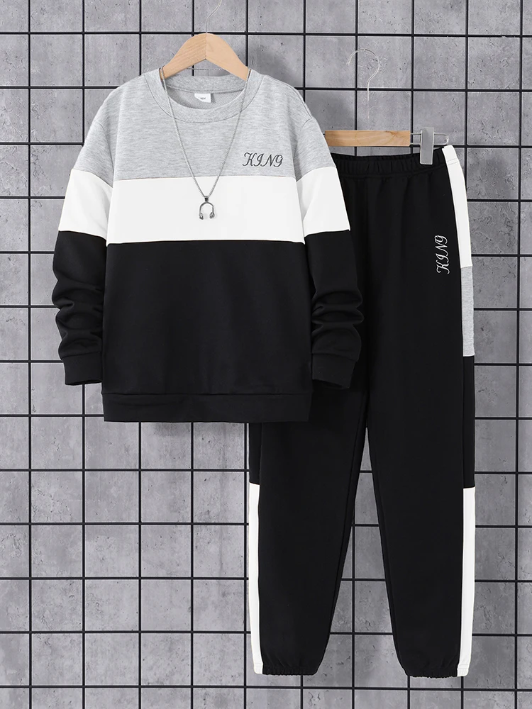Autumn And Winter Men's Medium And Large Children's Round Neck Adhesive Printed Long Sleeve&Long Pants Two Piece Set