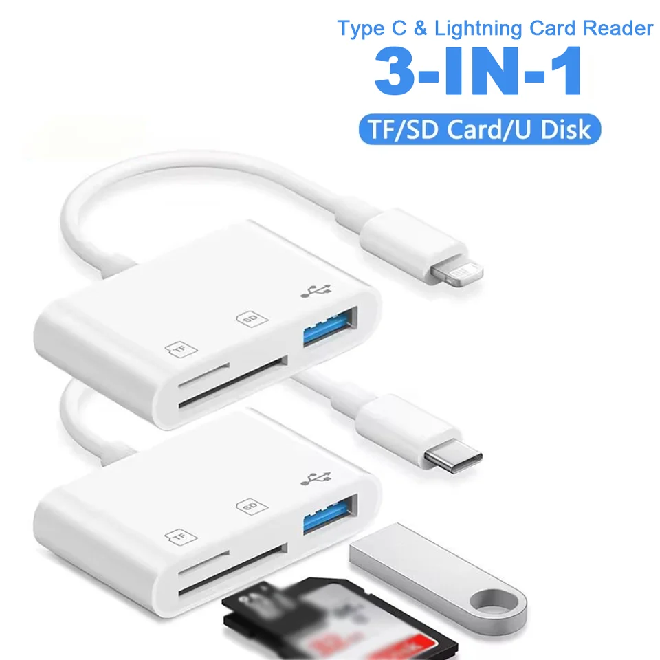 

3 In 1 SD TF Card Reader For Apple iPhone 14 12 13 11 Pro Max XR XS USB C Camera Converter For iPad Android Laptop OTG Adapter