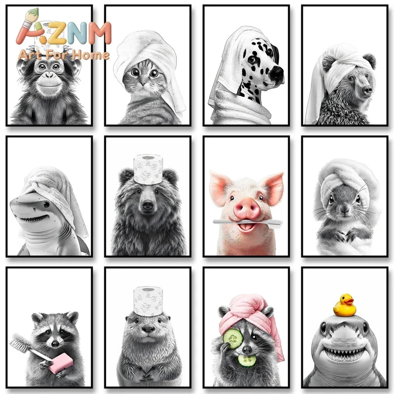 AZNM Funny Bathroom Animal Canvas Wall Art Black White Bear Koala Dinosaur Shark Art Print Unframed Canvas Poster for Restroom H
