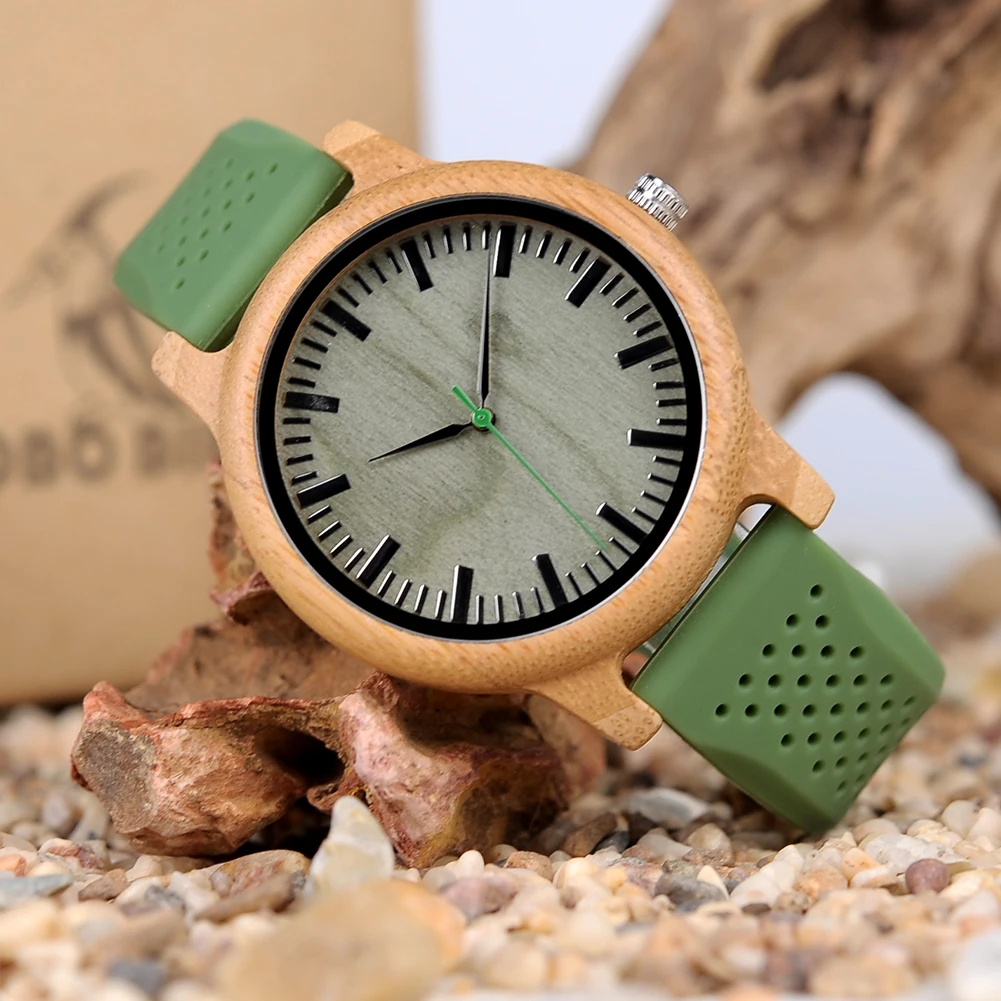 BOBO BIRD Men\'s Wooden Watch Silicone Strap Quartz Watches Sport Watch for Summer Can Customized Gifts For Men