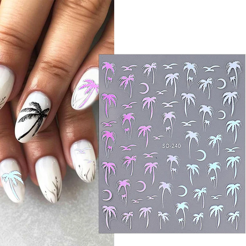 3D Black Gold Coconut Tree Nail Sticker Laser Palm Leaves Flower Sliders For Manicure Summer Beach Ocean Nail Decals Decoration