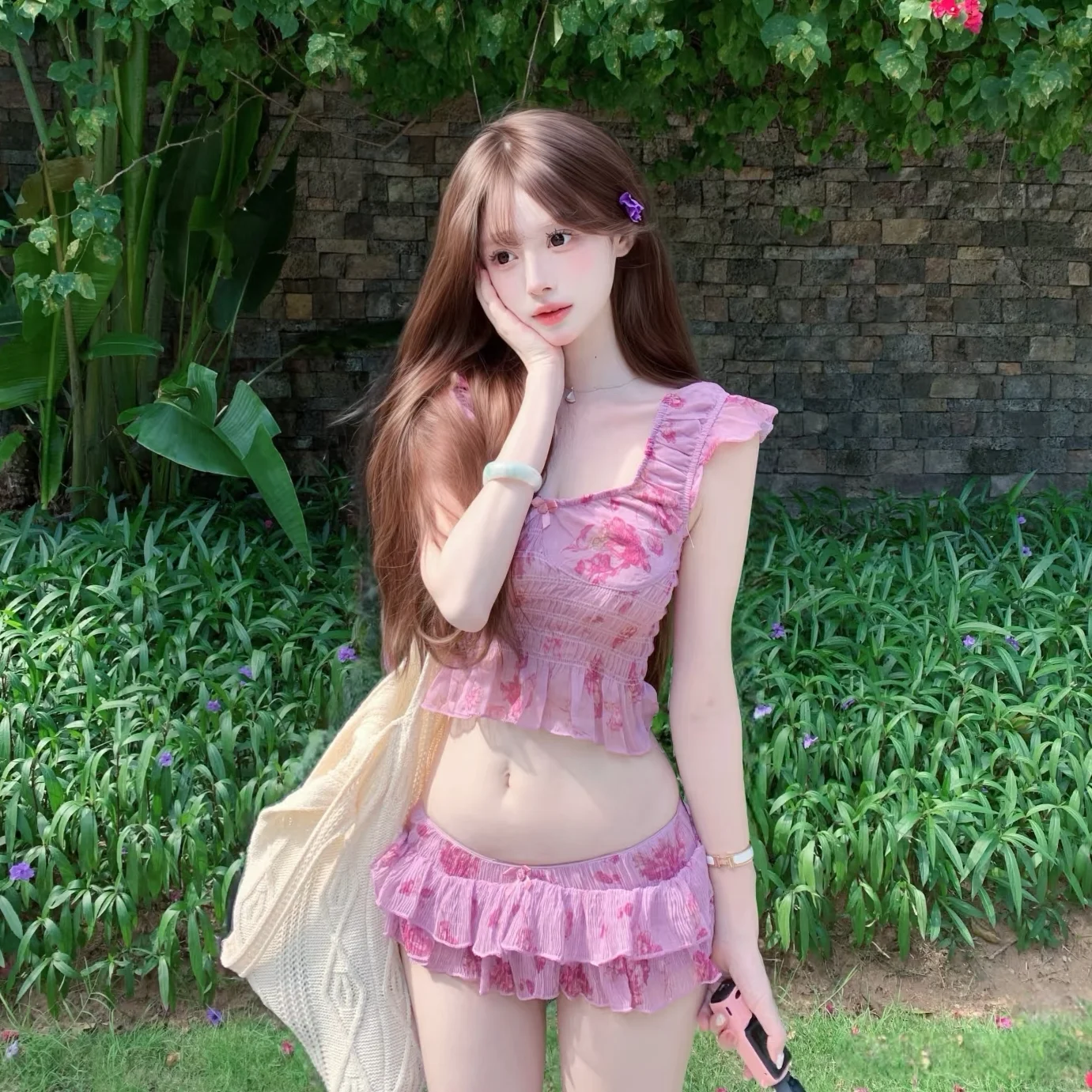 

Thai Sle White Enhancing Bikini Women's Swimwear with Skirt Separate Design for Hot Spring Vaion And Swimming