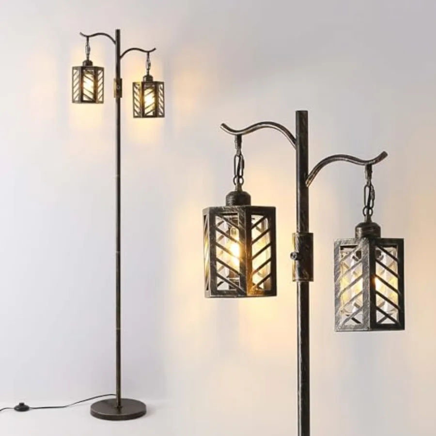 

IndustrialVintage Dimmable Floor Lamp 2 Classical Lanterns Standing Lamp Rustic Farmhouse Floor Lamp with Gold Finish for Livin