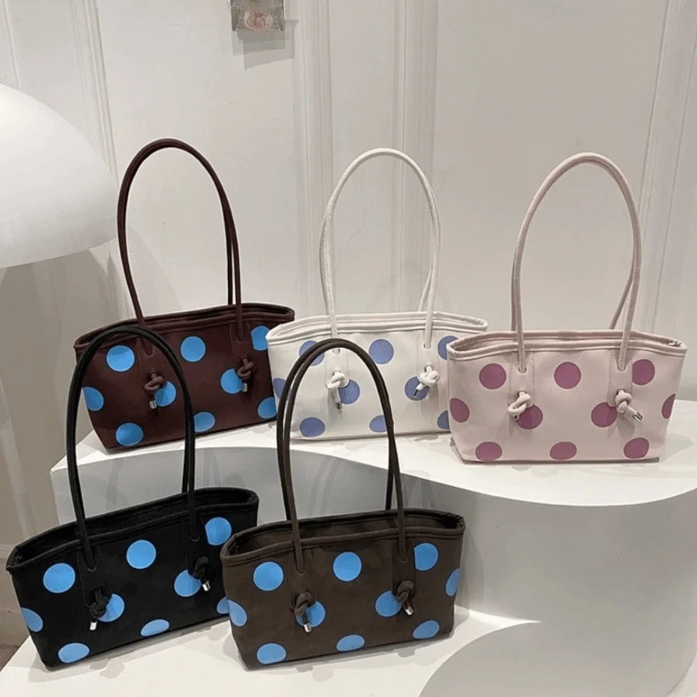 Rectangular Shape Polka Dot Shoulder Bag Zipper Closure Large Capacity PU Leather Tote Bag Lightweight Elegant Shopping Handbag