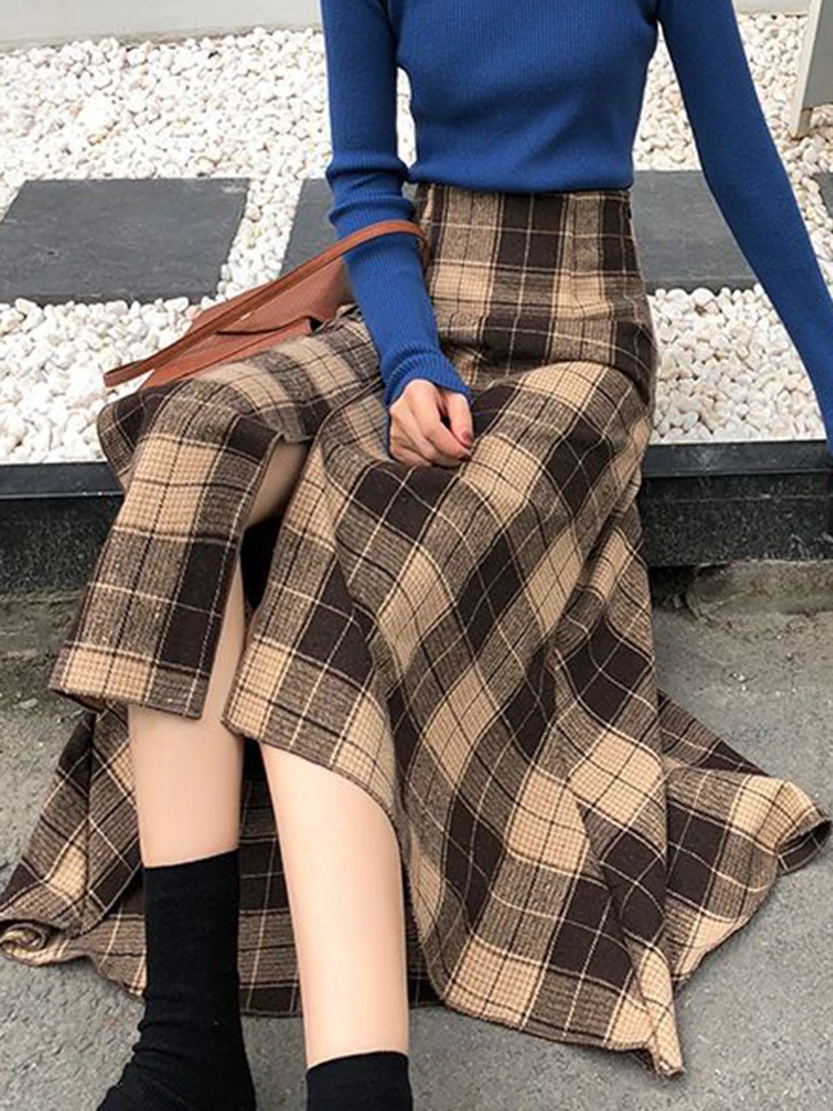 Plaid Long Skirts Women Vintage Irregular Woolen Midi Skirts Female Winter Warm High Waist Skirt Ladies Loose Retro A Line Skirt