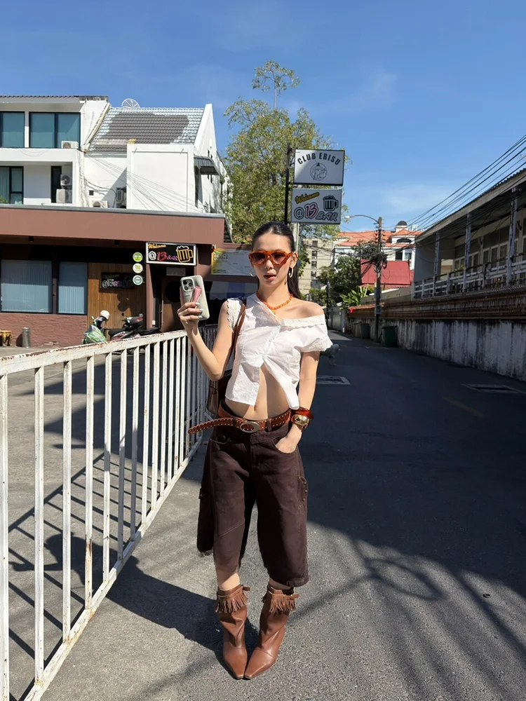 

MMFI2026 Новинка Весна-Лето: Женский кардиган с рюшами, V-образным вырезом, коротким рукавом, однотонный, приталенный, универсальный, открытый топ