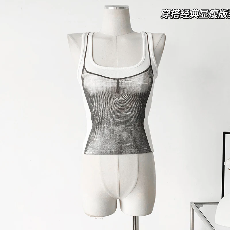 

Fashion Elastic Printed Camisole Halter Vest Summer Retro Slim-Fit Sleeveless Tank Tops Stretch Cropped Tops Girls Y2K Sexy Tees