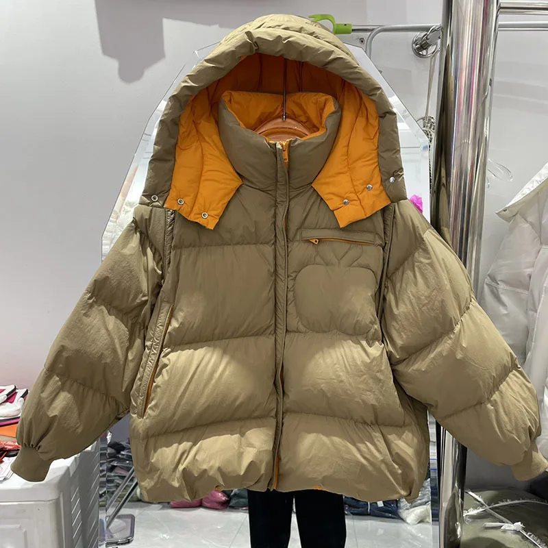 Winter 2023 Korean New Fashion Puffy Hooded Short Feather Coat Short Loose White Duck Down Jacket Female