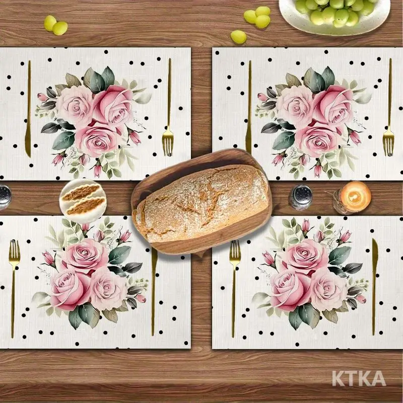 4Pcs, Polka Dot Pink Rose French Retro Placemats, the Best Placemats, Washable, Suitable for Holiday Parties, Home Decor, Kitchen Tables, Rectangular Dining Rooms, Making Your Dining Room and Kitchen More Beautiful, a Birthday Gift and Housewarming Party Gift for Family and Friends