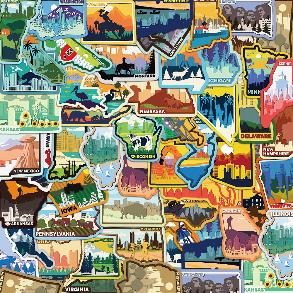 50PCS US State Landmark Stickers Travel City Landmark Handbooks Phone Cases Laptop Suitcases Water Cups Waterproof Stickers