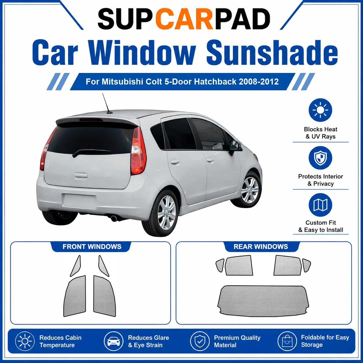 For Mitsubishi - Mitsubishi Colt 5-Door Hatchback 2008-2012 Full Set Car Window Sunshades UV Block Privacy Heat Insulated Foldab