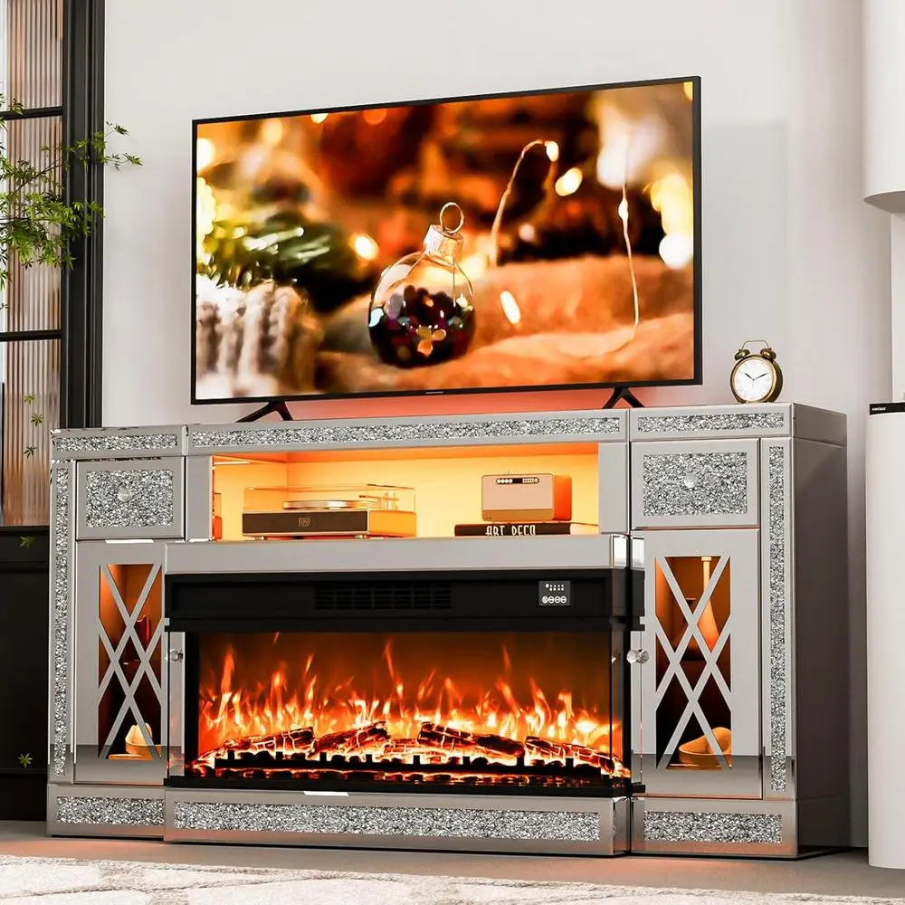 65+ Inch TV Stand with Mirrored Surface, Crushed Diamond Accents, LED Lighting, and Storage for Living Room, Bedroom, and Office