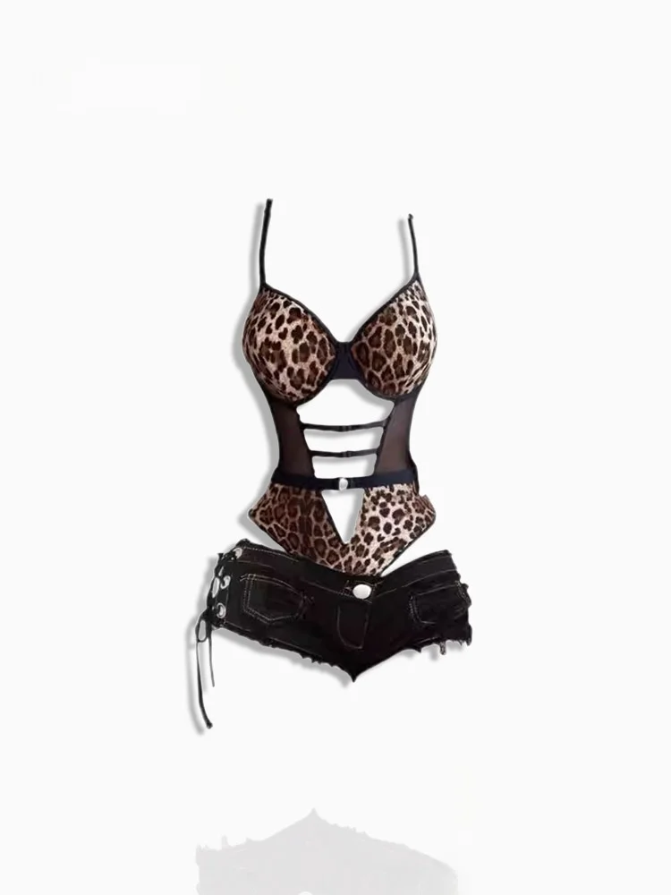 

Original Design Sexy Leopard Print One-Piece Suit for Trendy Girls High Waist ort Pants Street Sle Spring Collection