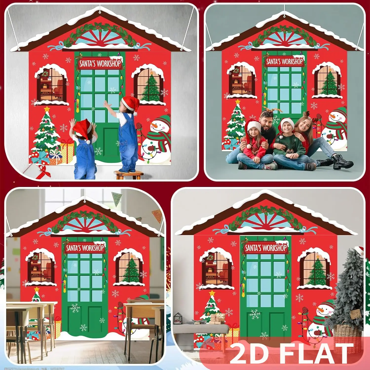 

1 Set/4pcs Christmas Santa's Workshop Party Supplies, Large Party Banners, Party Porch Front Door Banner Xmas Winter Holiday
