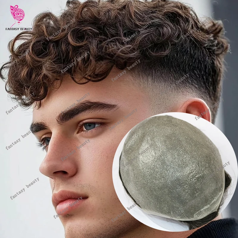 

0,02 мм, плотность 80%, 22 мм, свободные вьющиеся ‌ Темно-коричневый блондин, полный парик, мужской парик, ультратонкая кожа, натуральная линия волос, человеческие волосы, протез