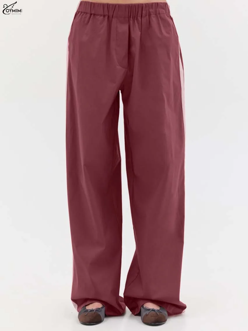 Oymimi Fashion Red Two Piece Outfits Woman Elegant Turn-Down Collar Long Sleeve Button Shirt And Patchwork Straight Trousers Set