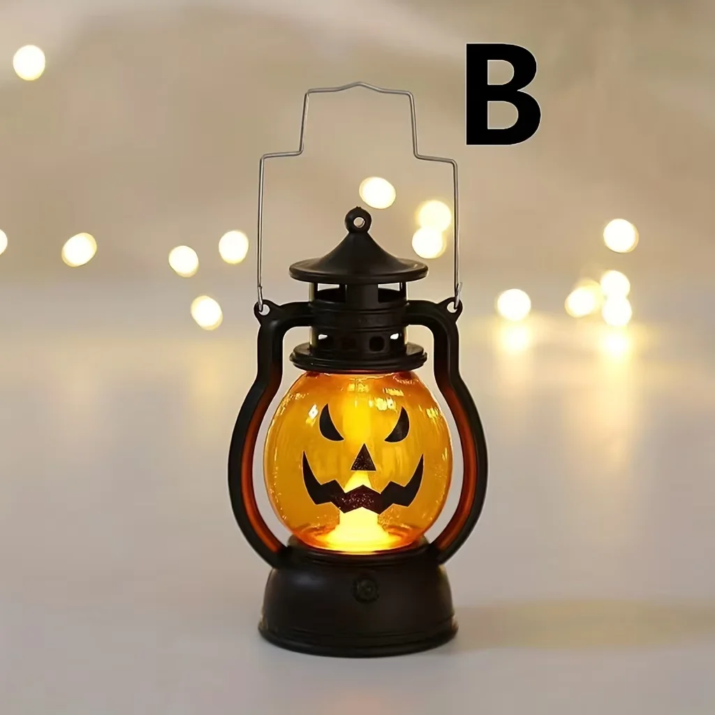 Halloween Appeso Zucca Lanterna Luce LED Fantasma Lampada a lume di candela Retro Piccola lampada a olio Festa di Halloween Decorazioni per la casa Puntelli horror