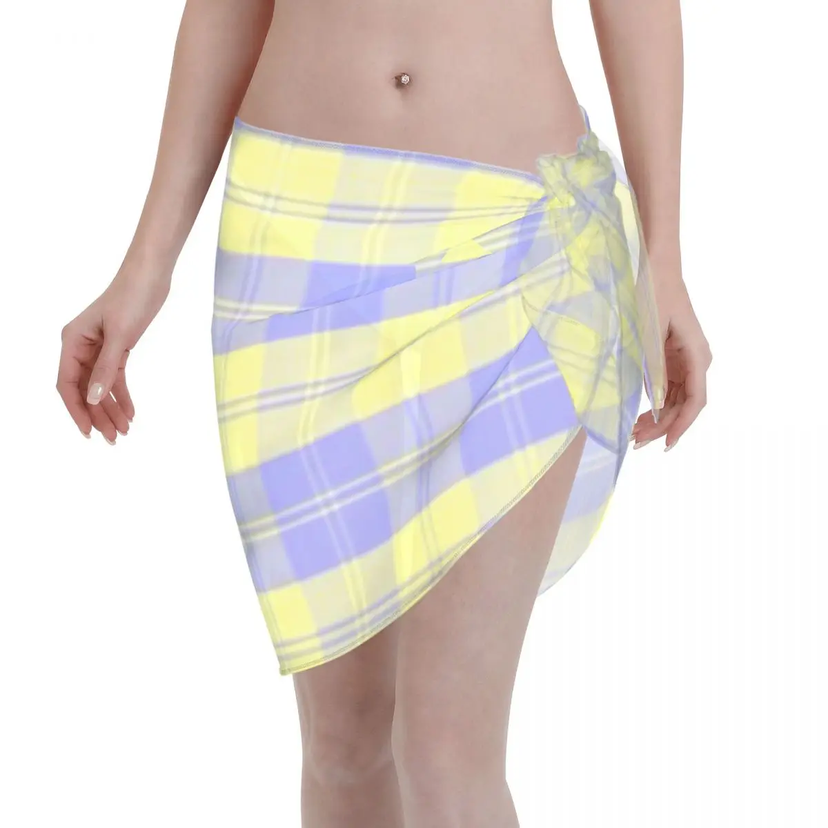 

Promotion Vibrant Pastel Purple And Lemon Yellow Tartan Plaid Pattern Women's Beach Wrap SkirtSeaside Picnic Resort Wear
