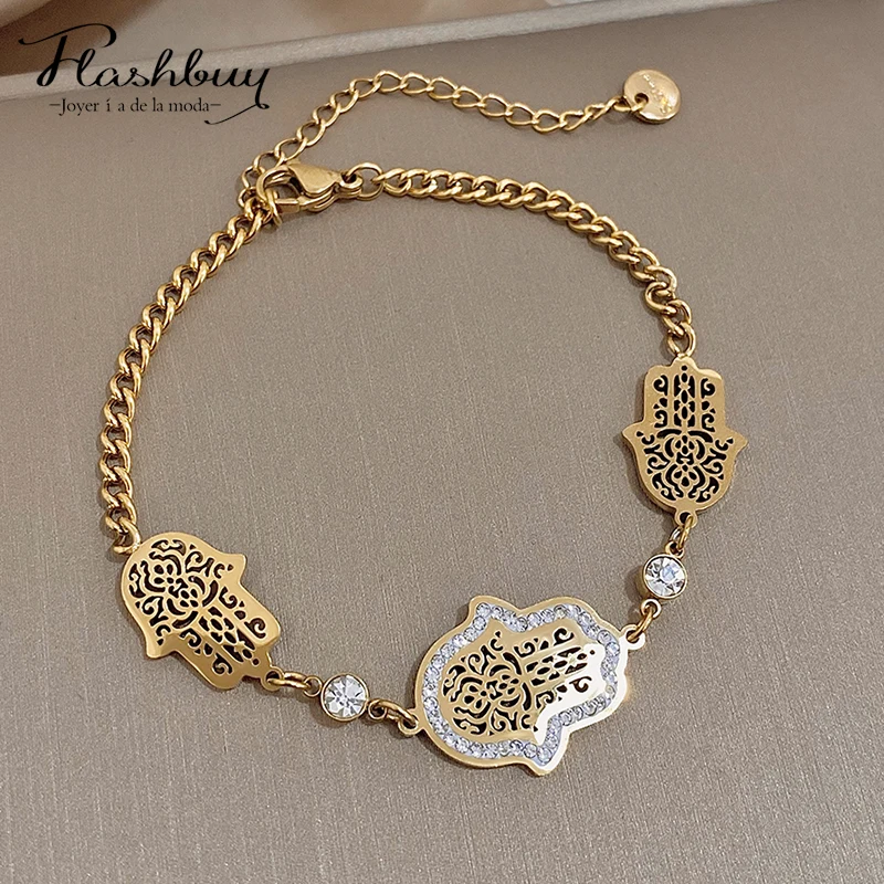 Flashbuy Stainless Steel Vintage Hand of Fatima Turkish Charm Bracelet for Women Statement Gold Color Bracelets Fashion Jewelry