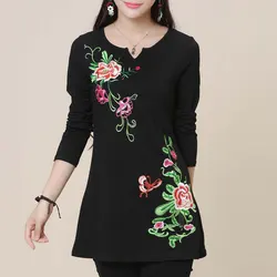 Folk Stylish Floral Embroidery Midi T-shirt Women's Clothing Slim Vintage All-match Spring Autumn Long Sleeve V-Neck Pullovers