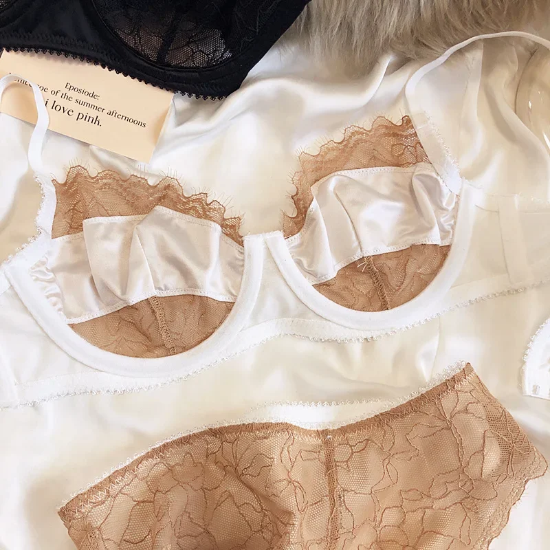 2 Pieces Sexy Ultra Thin Lace Bra Set Women Splicing Color Underwear French Silk Breathable Bras and Panties Intimate Lingerie