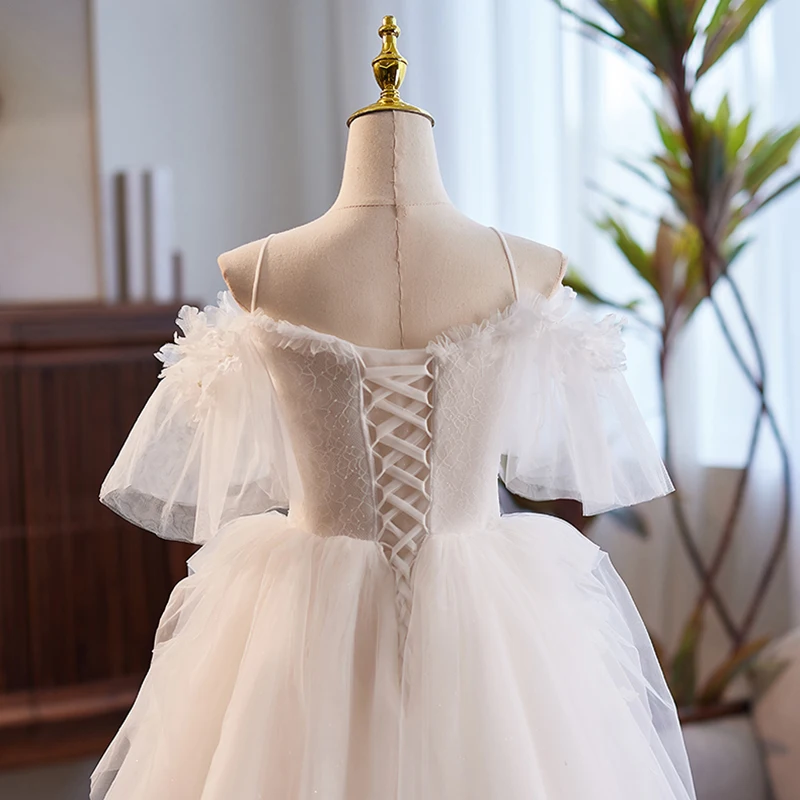 AnXin SH princesa flor blanca encaje correa de espagueti volantes manga corta con cordones vestido de noche personalizado pequeño vestido blanco