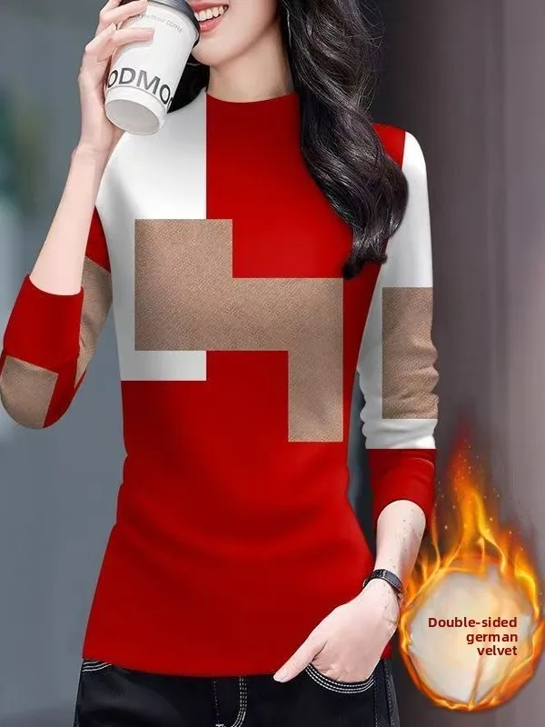 

Теплая термо-футболка в стиле Mommy с высоким воротом и длинным рукавом из немецкого бархата, женская, модная, повседневная, с принтом, асимметричный дизайн