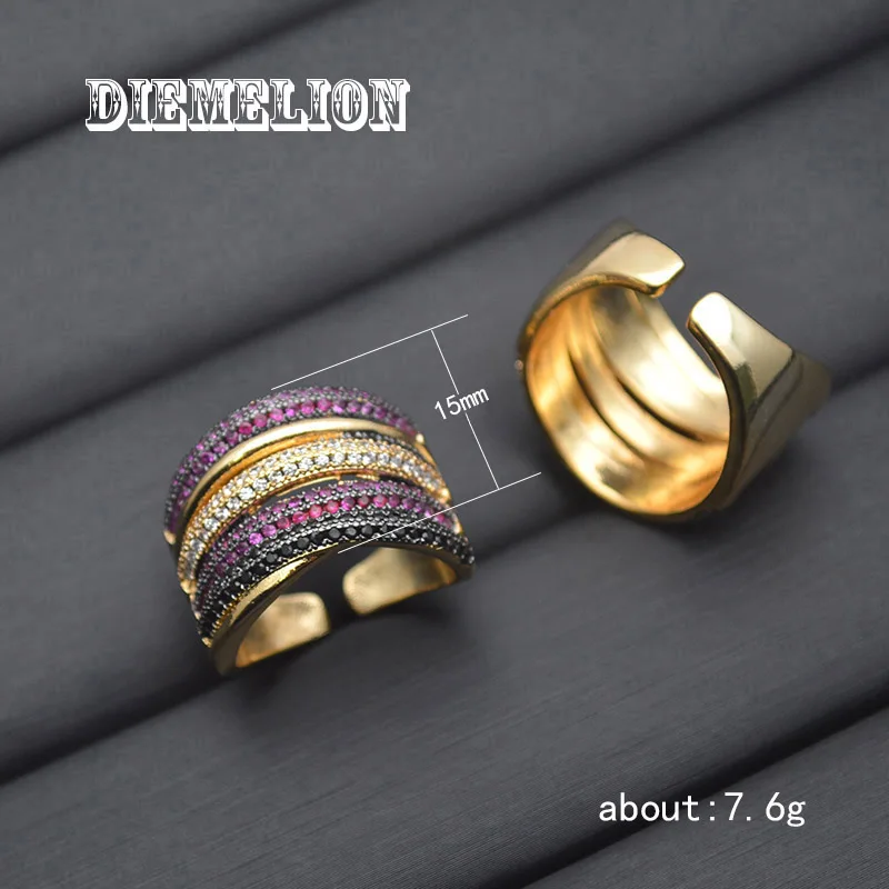 Luxury Designer Two Tone Gold Plated Micro Full Colorful CZ Rings for Women Geometry Shape Multi Layer Adjustable Big Ring