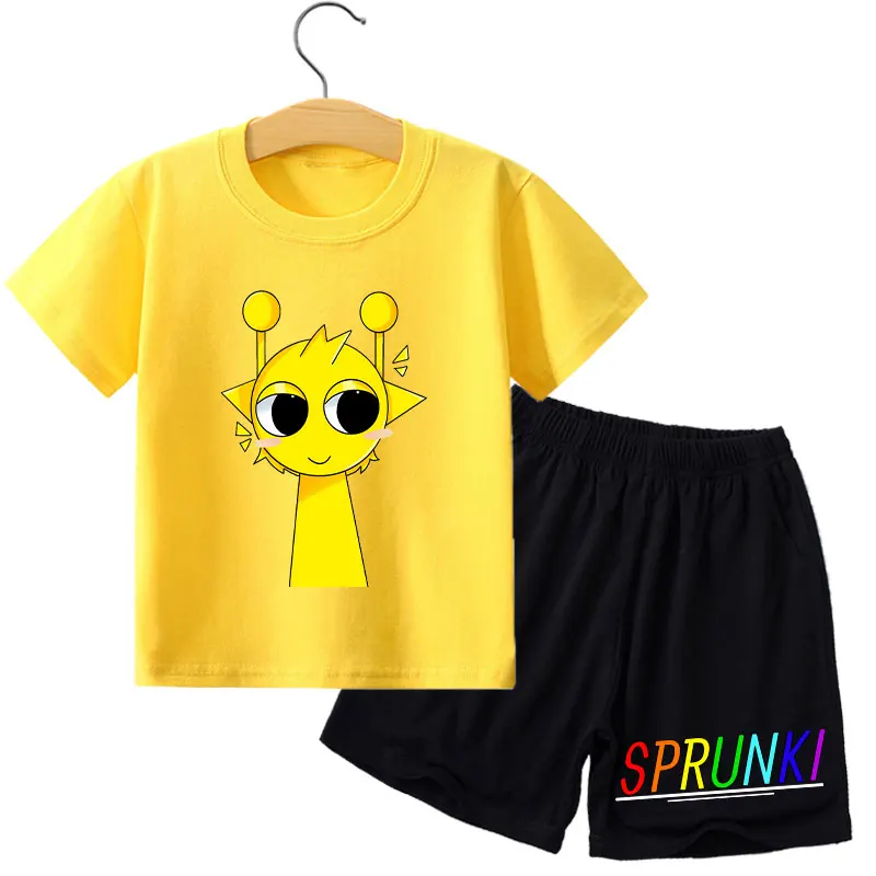 

Sprunki Cartoon Pattern Fashion Short sleeved T-shirt+Shorts for Boys and Girls Summer Cotton Comfortable Set