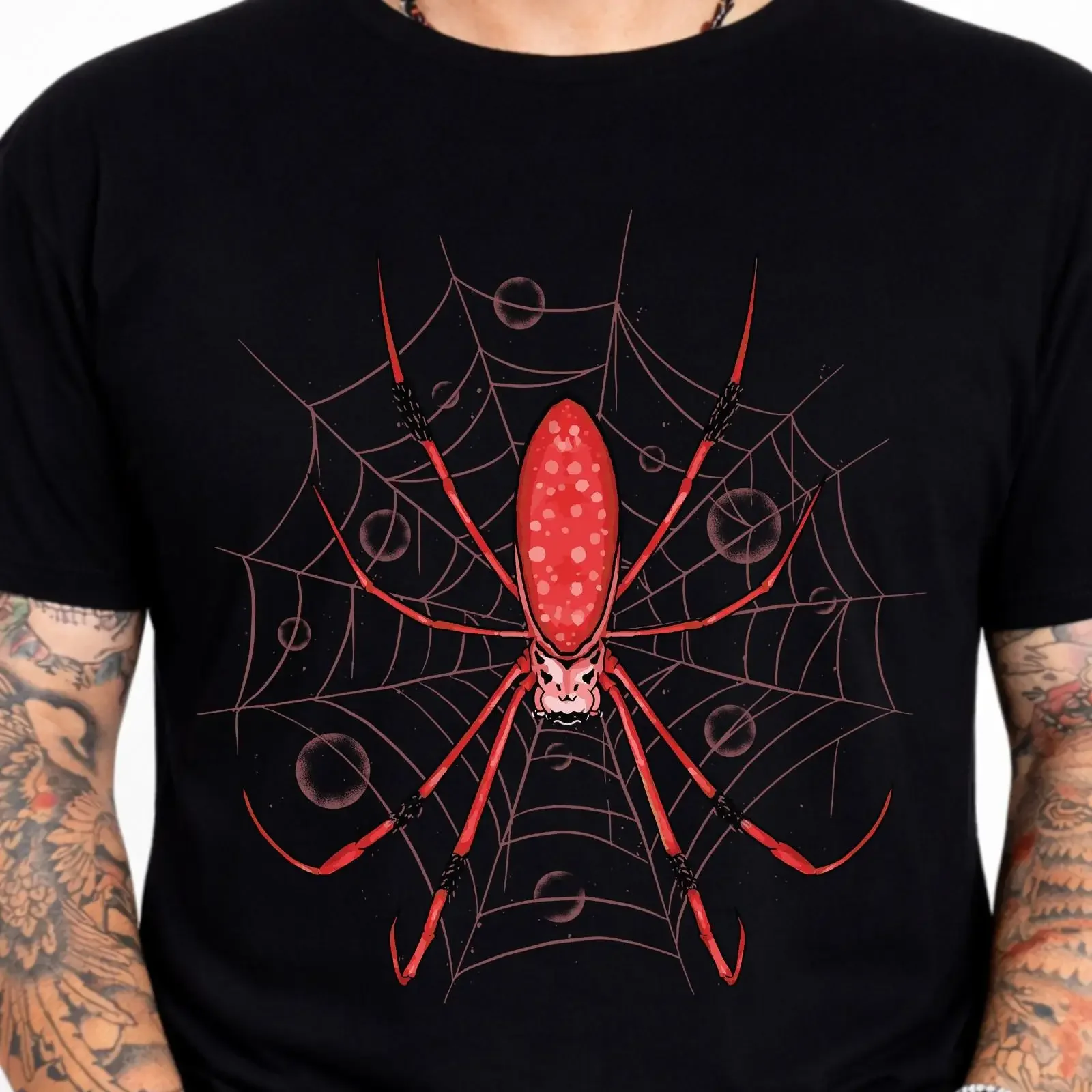 Spider Web T Shirt Gothic Spooky Tarantula Halloween Creepy Insect  vintage Washed Comfortable Top For Everyday Wear Stretched
