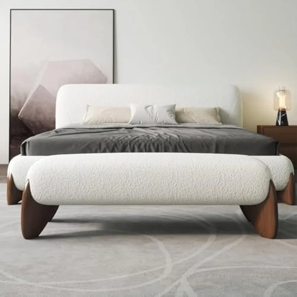 Curva Boucle Upholstered Bedroom Bench – 57” Modern White Upholstered Bench with Solid Rubber Wood Legs, Backless End of Bed