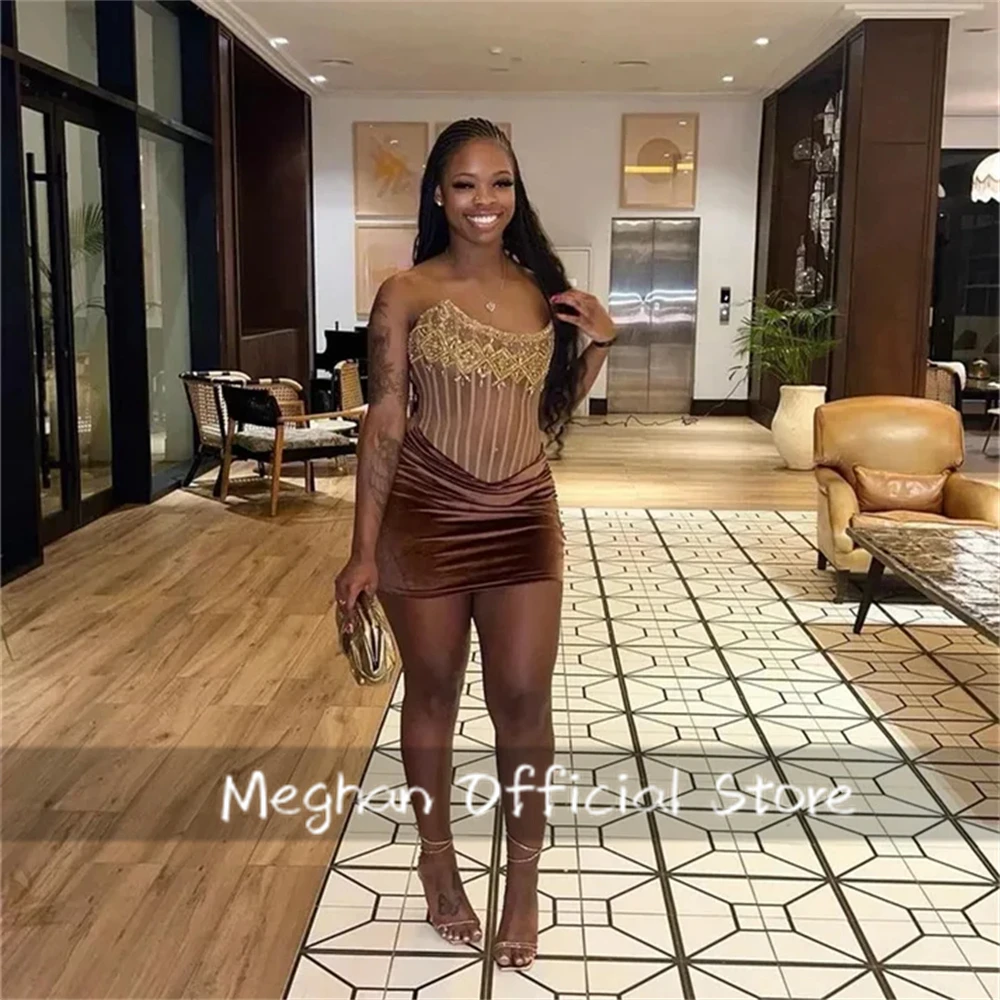 

Brown Strapless Short Prom Dress Black Girls Bead Crystal 2025 Birthday Luxury Dress Mermaid Mini Cocktail Homecoming Customized