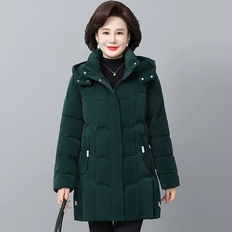 Inverno nuove donne giacche ispessite piumino di cotone Parka trapuntato con cappuccio tasche lunghe cappotto soprabito femminile di mezza età