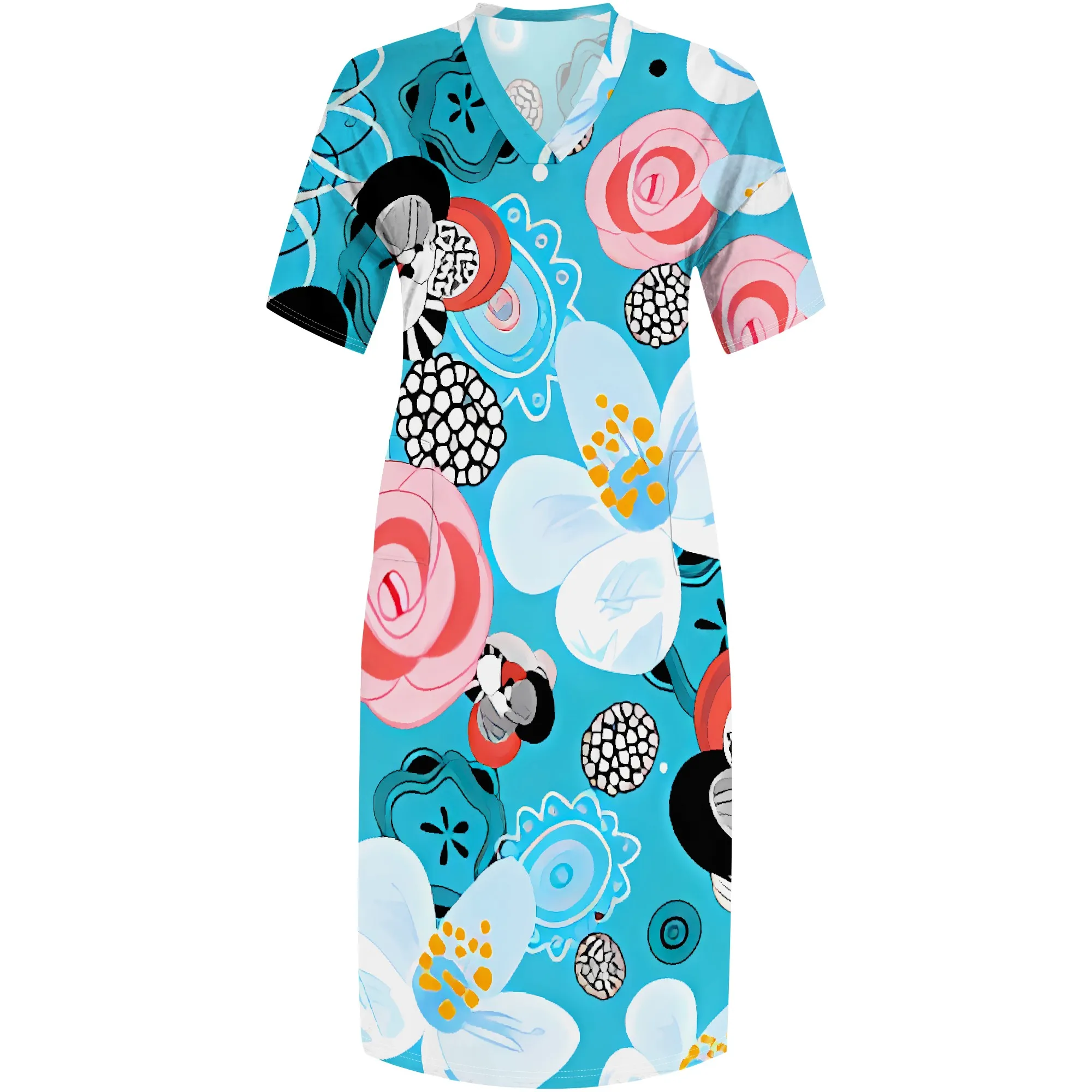 Plus Size Blue Floral Maxi Dress Women Summer Short Sleeve V Neck Loose Casual Holiday Style