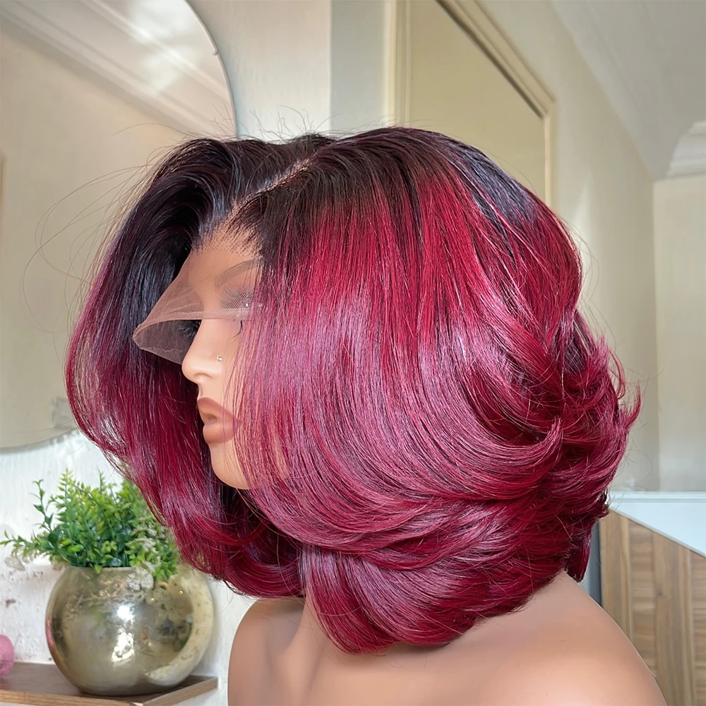 Burgundy 1B 99j Short Wig Human Hair 250 Density Loose Deep Wave 13x4 Lace Frontal Glueless Wigs Human Hair Ready To Wear