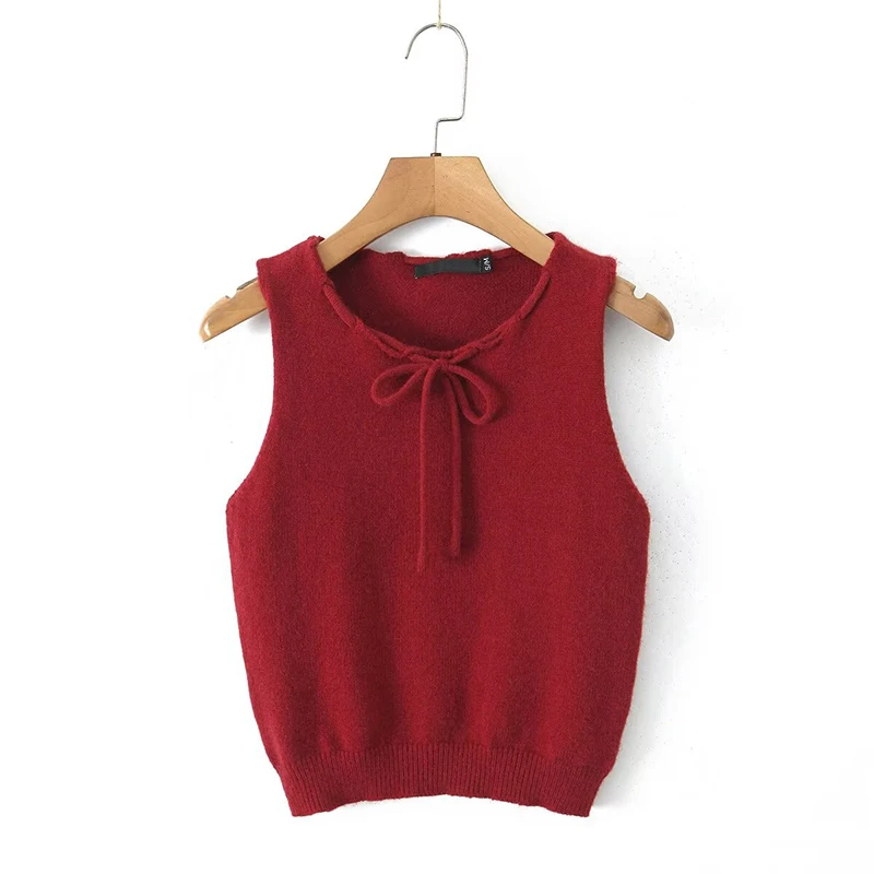 YENKYE New Women Bow Sweater Vest O Neck Sleeveless Black Wine Red Crop Top Chic Autumn Tank Tops