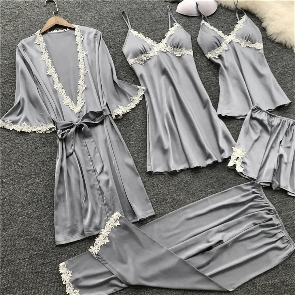 5pc Nightgown Robes Satin Lace Pajamas Set Intimate Lingerie Silky Sexy Women Sling Dress With Chest Pads Pijamas Sleepwear Suit