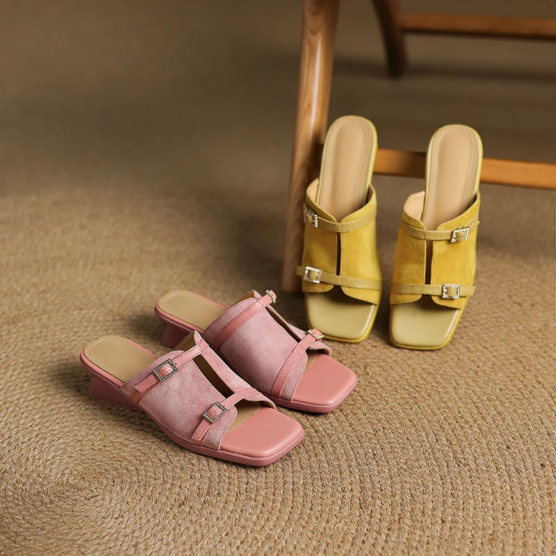 2026 new spring summer women sandals natural leather plus size 22-25cm kid suede+sheepskin buckle mules wedges women shoes view 6