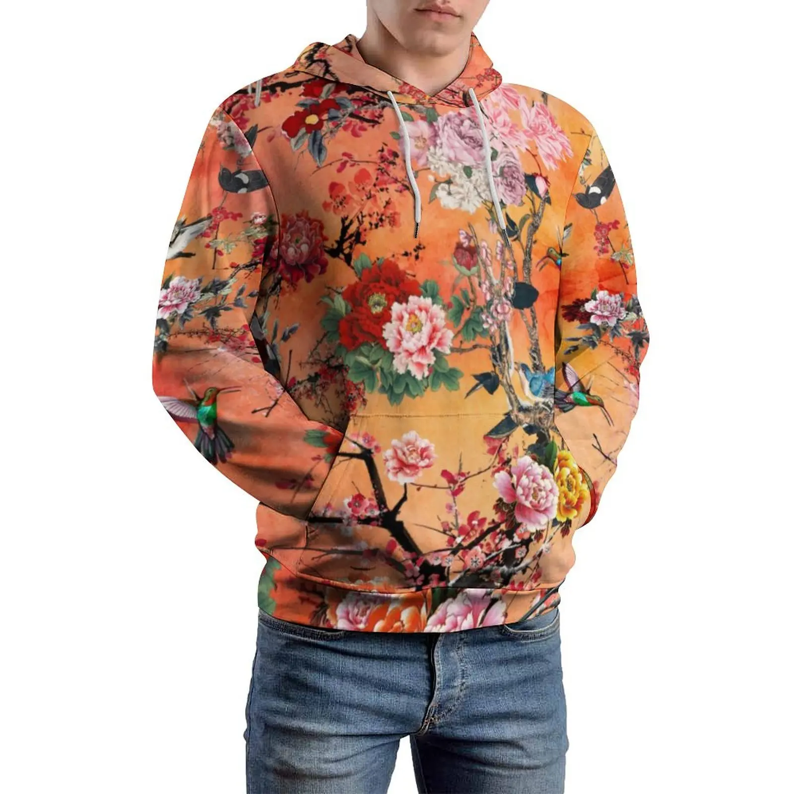 

Vintage Birds Casual Hoodies Male Retro Floral Print Modern Sweatshirts Winter Long-Sleeve Street Fashion Oversized Hoodie