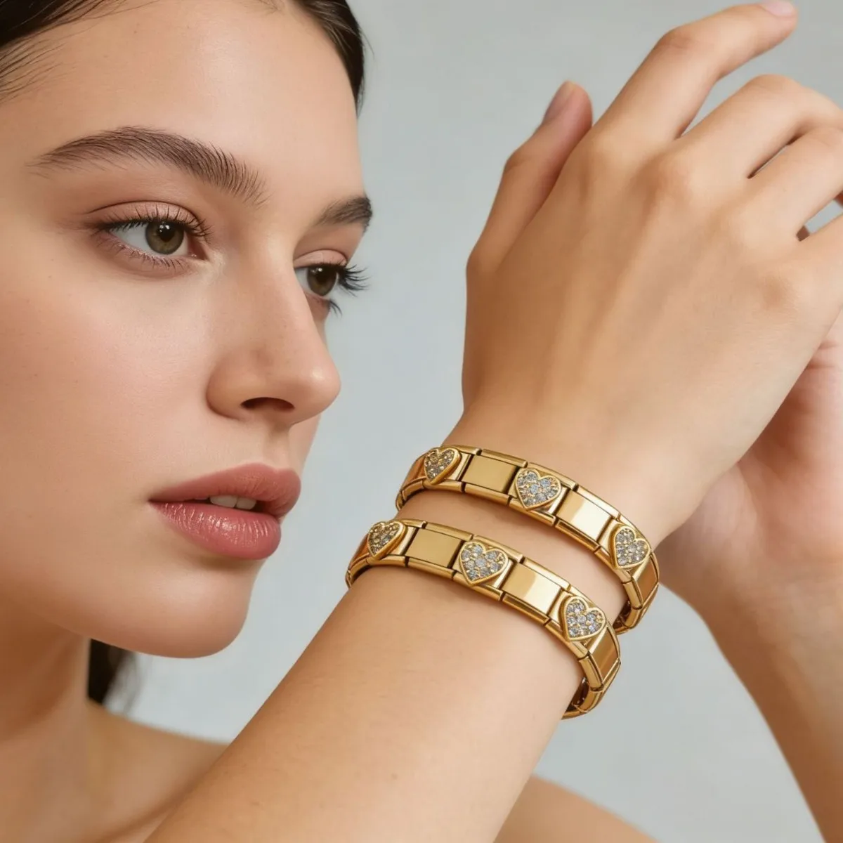 

Gold Color Heart-shaped Charms 9mm DIY Italian Modular Stainless Steel Elastic Bracelet Ring fit Woman Men Perfect Fashion Gift
