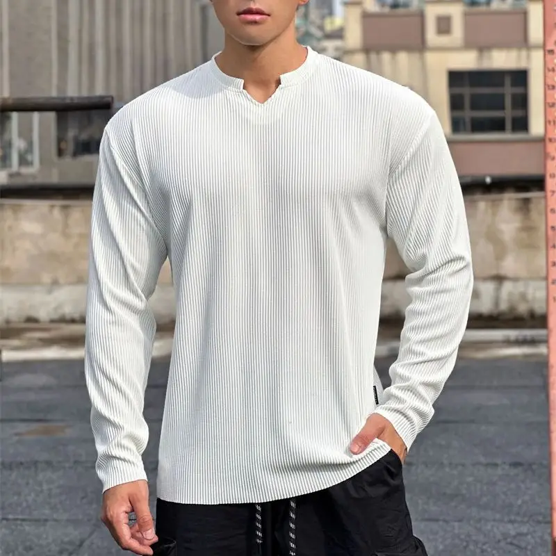 

Spring and autumn new street wear casual white long sleeve men's T-shirt fashion solid color vertical V-neck T-shirt men's wear