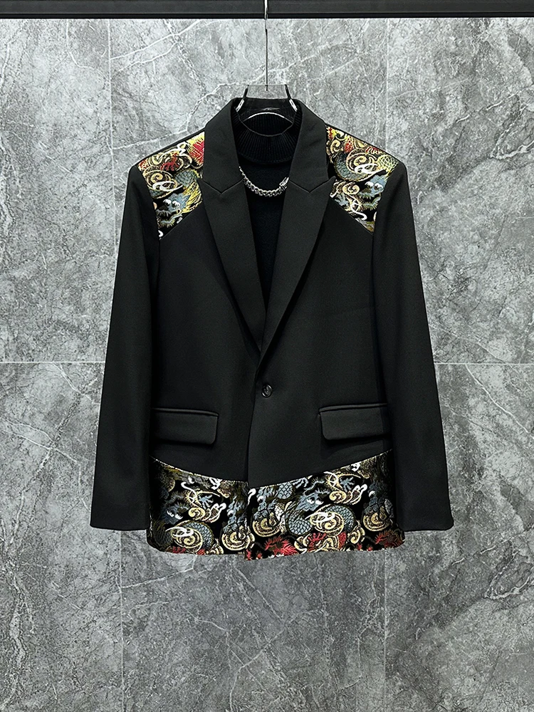 Spring 2024 New Embroidery Splicing Male Long Sleeve Suit Jackets Trendy Handsome Men's Blazers Loose-Fitting Casual Suit Jacket