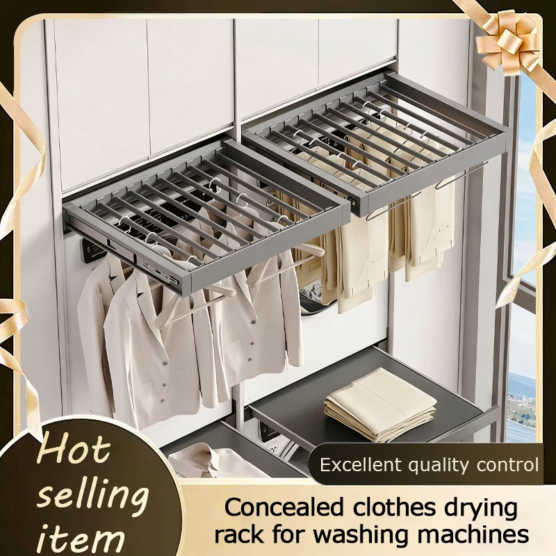 

Hidden Retractable Multifunction Clothes Rack Over Washer Dryer With Pull Out Pant Rack Drawer Built In Invisible Slide Rail