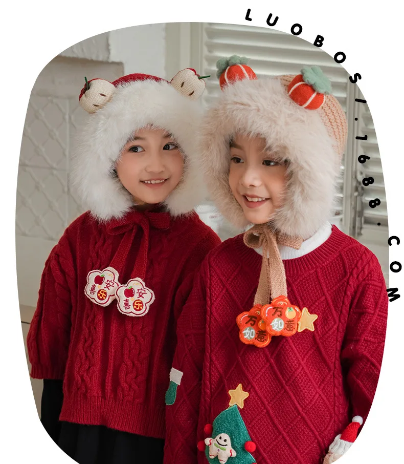 Chinese-style Plush Warm Cap for Children Cute Knitted Hats Outdoor Warm Earflap Beanie for Boys Girls New Year Gifts for Kids