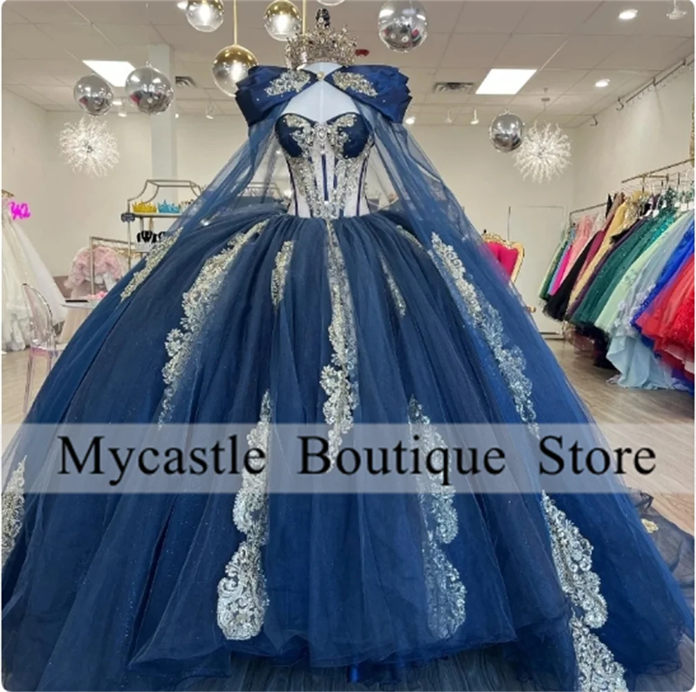 Precioso vestido de Quinceañera de encaje azul marino, apliques dorados con capa, vestido de baile dulce 16, vestido de fiesta de cumpleaños de princesa 2023