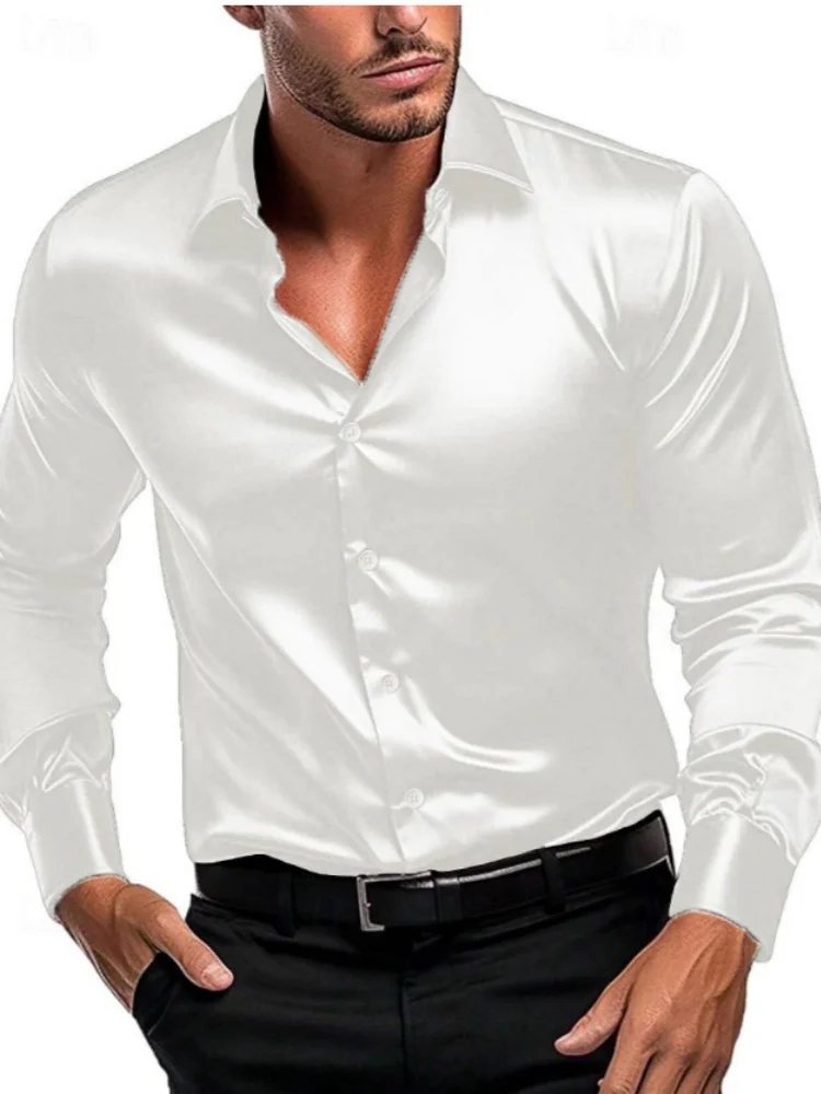 Camisa de negócios de mangas compridas masculina, sedosa, cor sólida, lapela, casual, escritório, primavera, outono, moda, novo, 2024