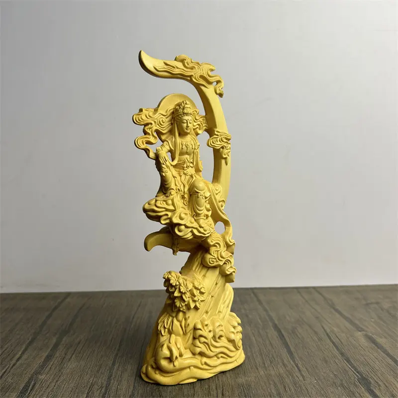 Boxwood Water Moon Guanyin Small Figurine Cloud Motif Carved Bodhisattva Statue for Mantel Styling and Buddhist Art Enthusiasts