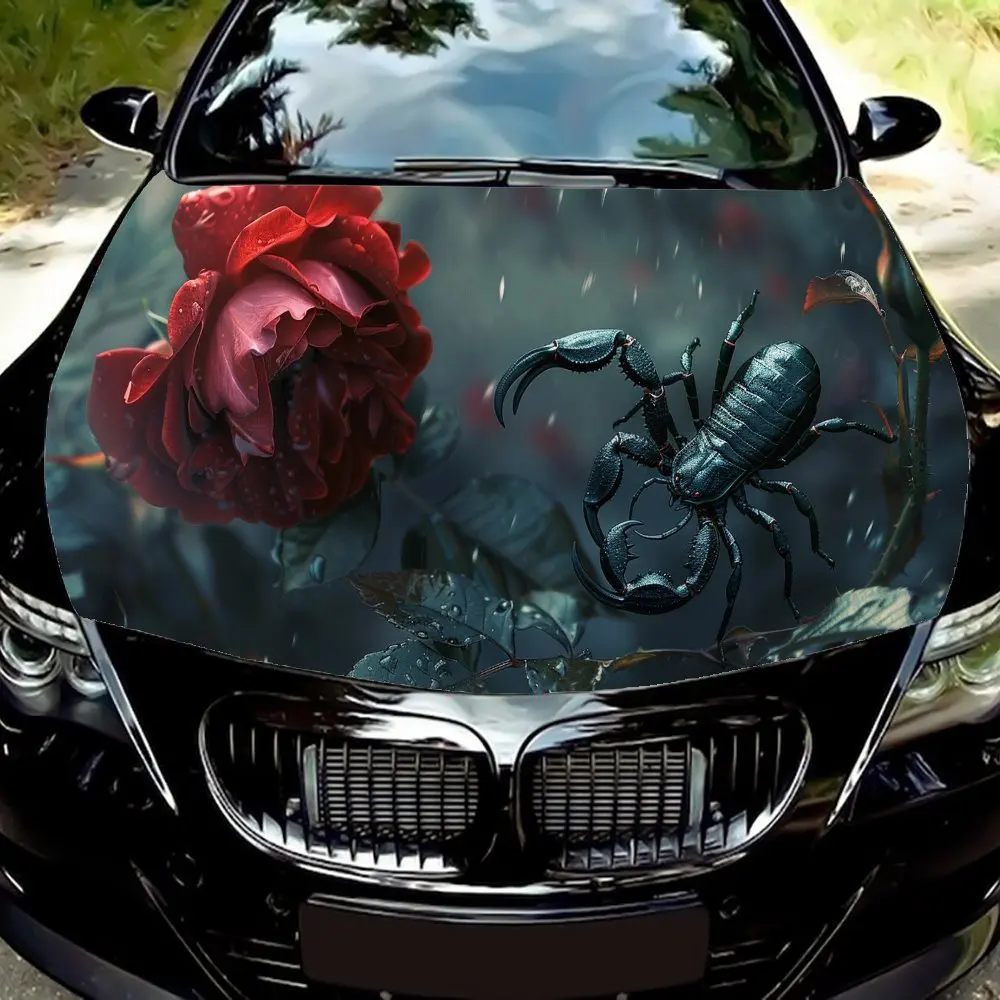 

Blooming red roses crawling black scorpions Car Hood Vinyl Wraps Sticker, Car Engine Decal, Waterproof Self-adhesive Car Packagi